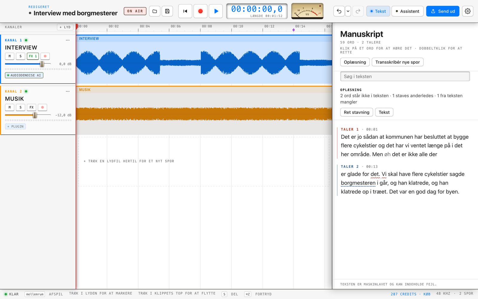 ClairCut with two tracks on the timeline and the assistant beside them