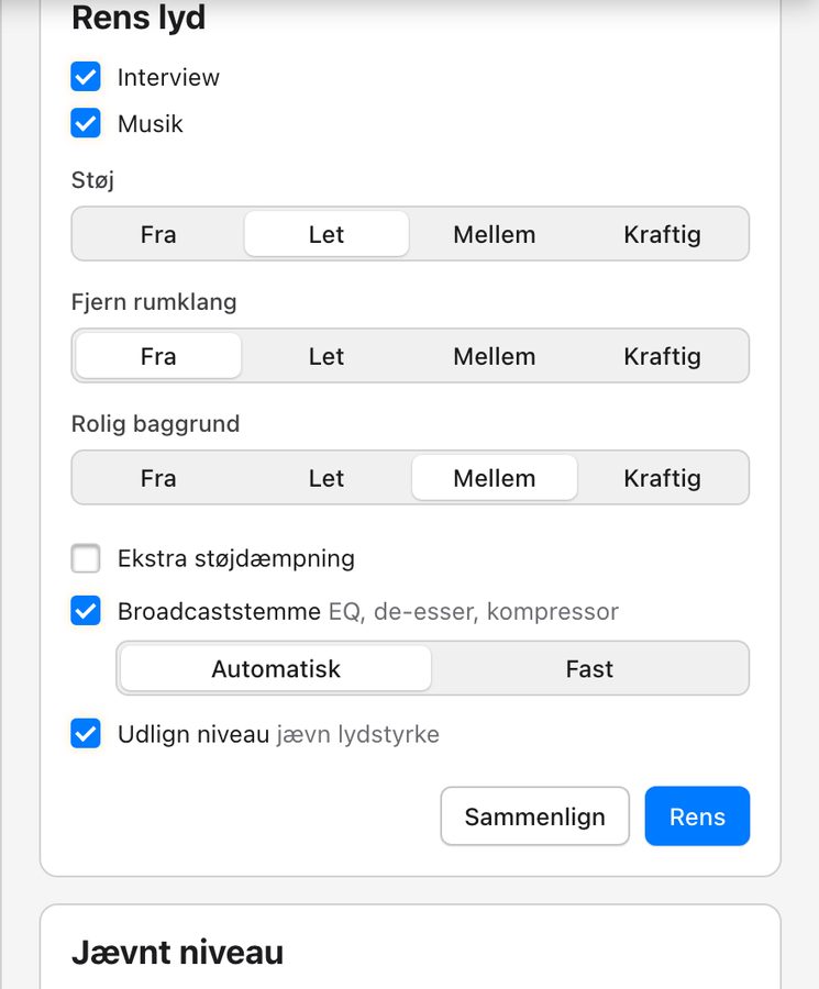 Clean sound: noise, room echo and calm background, each with Off, Light, Medium and Strong